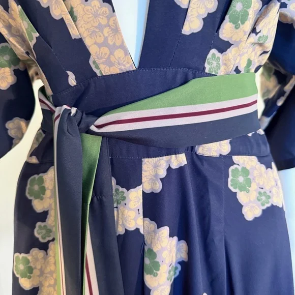 eShakti Wayward Fancies Floral kimono jumpsuit pockets navy green cream deep v - Picture 5 of 12